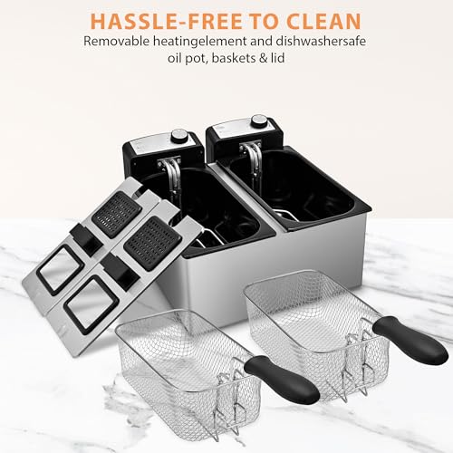 Image of SUSTEAS Deep Fryer, 2 Baskets Electric Oil Fryer with 5.4QT /6L,3000W Timer Control Adjustable Temperature, Lid with Viewing Window and Odor Free Filter, Stainless Steel, Perfect for Kitchen, Fry Fish