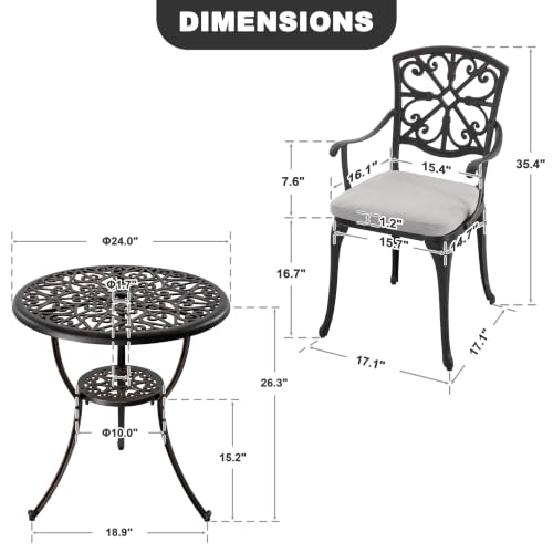 Image of NUU GARDEN Bistro Set 3 Piece Outdoor All Weather Cast Aluminum Patio Bistro Set Patio Table and Chairs Set of 2 with Umbrella Hole and Grey Cushions for Backyard, Balcony, Lawn, Black