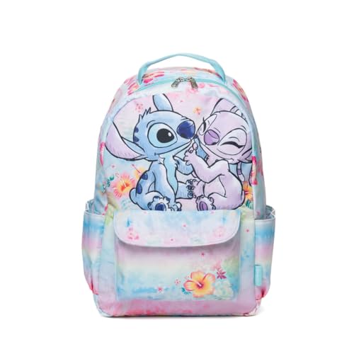 Wondapop Disney Stitch and Angel Mochila infantil de nylon de luxo de 15,5 polegadas, Stitch and Angel, bolsa escolar infantil com capa para laptop e bolsos