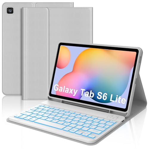 Occtingkind Hülle mit 7-Farben Beleuchteter Deutscher Tastatur für Samsung Galaxy Tab S6 Lite (2020/2022/2024) 10 4 - Bluetooth Keyboard kompatibel mit SM-P620/P625/P613/P619/P610/P615 Steingrau