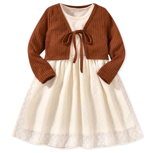 Toddler Girls Solid Sleeveless Swiss Dots Dress and Long Sleeve Knit Tie Front Cardigan Set 2 Pieces Outfits