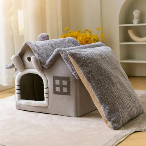 Casinha de Pelúcia para Animais de Estimação, Estofada com Telhado Duplo, Modelo Ibiza (Cinza, P)