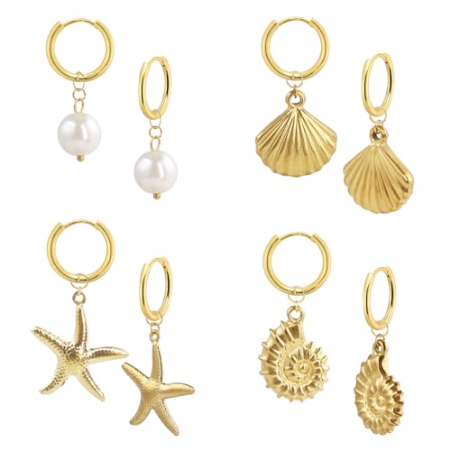 4 Pairs Gold Huggie Hoop Earrings for Women, 14K Real Gold Stainless Steel Summer Beach Jewelry Starfish/Pearl/Clam/Conch Dangle Hypoallergenic Earrings