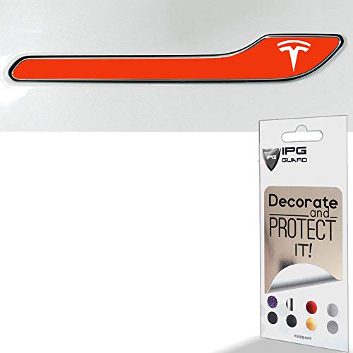 Image of IPG Compatible for Model 3 / Model Y /Juniper Door Handle Decal Sticker Wrap Kit (Set of 4) with Tesla Logo Personalize Your Tesla (Gloss Orange)
