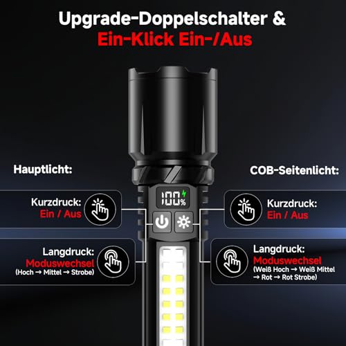 Shadowhawk 2 Stück Taschenlampe LED Aufladbar mit COB Seitenlicht | Leichtgewicht & Eingebauter Akku – Taktische Taschenlampen mit 2 Schaltern & Ein-Knopf Ein/Aus, 7 Modi für Camping/Wandern/Notfall
