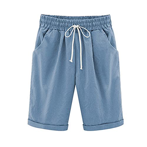 XUNRYAN Womens Summer Casual Plus Size Linen Bermuda Shorts High Waisted Baggy Cargo Pants Workout Athletic Shorts Pockets Light Blue