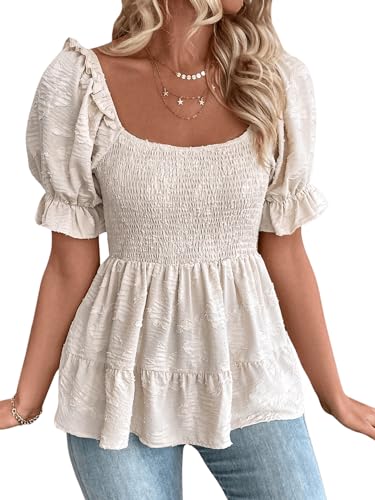 SOLY HUX Women's Summer Peplum Tops Square Neck Ruffle Short Sleeve Blouse Casual Shirred Shirts3
