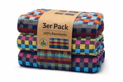 KH-Haushaltshandel Lot de 3 Serviette de toilette en éponge - 50 x 90 cm - Motif à carreaux multicolores foncés - Serviette multi-usages - 100 % coton (3)