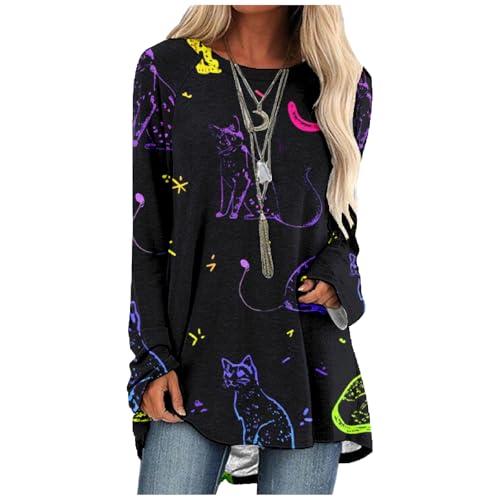 MARSVOVO Fall Sweaters For Women Black Cute Cats Print Oversized Crewneck Long Sleeve Cotton Baggy Long Sleeve Blouse For Women,3XL