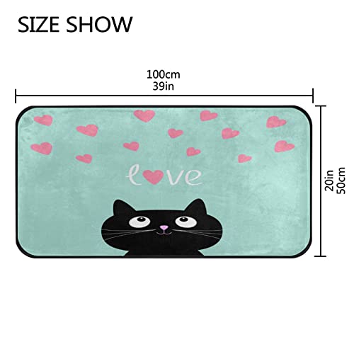 Cute Black Cat Kitchen Rugs Valentines Pink Hearts Bath Mat For Bathroom Absorbent Non Skid Washable Standing Floor Desk Mat Runner Carpet For Home Office Hallway Sink Stove Laundry 39X20 Inches #TOP1