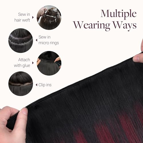 Image of GOO GOO Sew in Hair Extensions Real Human Hair, Weft Hair Extensions Human Hair, #1 /99j Balayage Jet Black to Red 22inch 110g, Weft Bundles Straight Silky Remy Hair