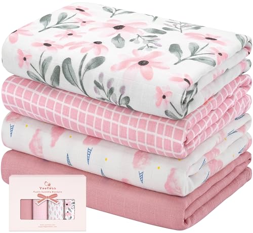Image of Yoofoss Muslin Swaddle Blankets, 4-Pack Receiving Blankets for Baby Boys and Girls, 47 x 47 Inches Baby Blanket Neutral Swaddle Wrap 70% Rayon from Bamboo and 30% Cotton