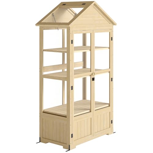 Outsunny Frühbeet aus Holz Abschließbar Gewächshaus Treibhaus mit 4 Ebenen, Dachfenster, Frühbeetkasten mit Doppeltür, für Garten, Balkon, Natur, 100 x 56,5 x 178 cm