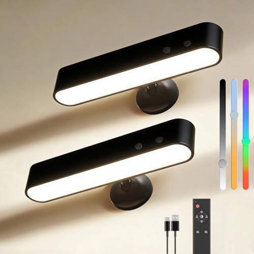 Rechargeable Wall Light Indoor| 2 Pack 7500mAh Wireless Remote Control Wall Sconce | 360 °Rotating Touch Wall lamp| 15 RGB Colors with 3 Colors Dimmable Brightness LED Wall Light for Bedroom