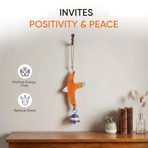Image of Aakriti Art Creations Orange Flying Bird Wind Chime with Metal Bell | Handmade Wooden & Metal Wind Chime | Matte Decorative Wind Chimes for Balcony, Garden & Home, Living Room & Gifting