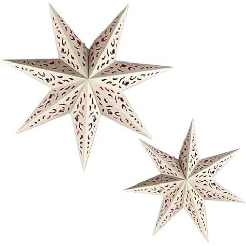 Garayma 7 Point Star Paper Lantern,2PCS Collapsible Handmade Hanging Hollow Star Paper Lantern Lampshades with 10 Ft Power Cord for Christmas Study Room,Party Decor (White red, 18inch+30inch) Cover