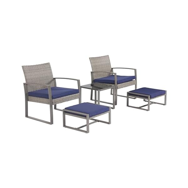 LOKATSE HOME 5 Pieces Patio Furniture, Outdoor Conversation Sets Rattan Wicker Chairs with Soft Cushion, Ottomans and Coffee Table for Balcony Poolside Front Porch Deck, Blue
