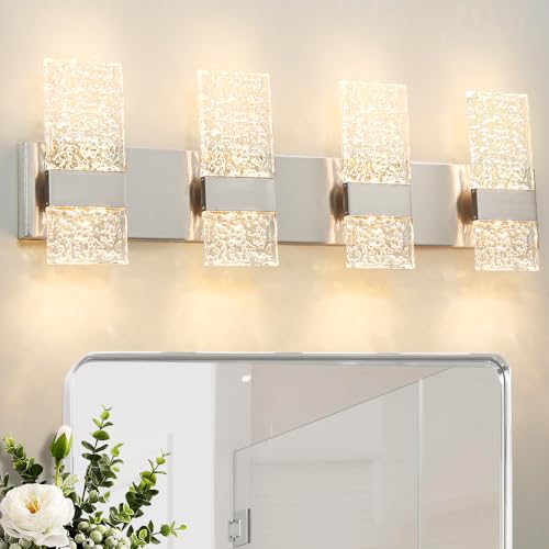 Image of Modern Brushed Nickel 4 Lights Bathroom Vanity Light, Eleglant Nickel LED Bathroom Light Fixtures over Mirror, Dimmable Acrylic Shade Wall Lighting Fixtures, Hardwired Wall Light(H9.25in, L28.35in)