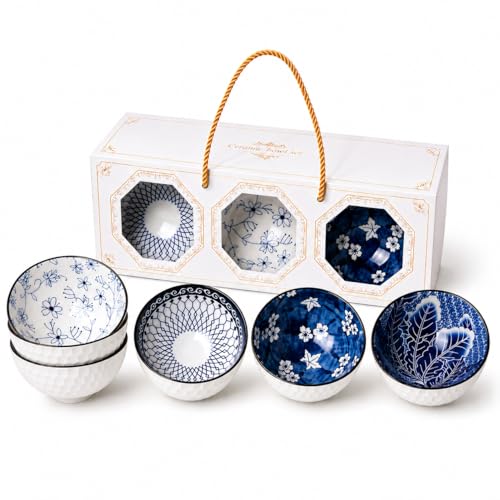 Image of Japanese Ceramic Bowl Set of 6 | 300ML Hand Painted Soup Rice Snack Bowls, Glossy Blue Floral Patterns, Textured White Exterior | Microwave & Dishwasher Safe Gift Set (Blue Ember)