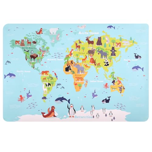 JIANTA Alfombrilla de escritorio de cuero PU, Alfombrilla de ratón grande, Alfombrilla de escritorio infantil azul - Mapa animado continentes/océanos, para oficina y hogar(60 x 40 cm)