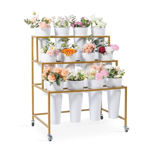 Ruifabo Flower Cart Display Stand 3 Layers Metal Flower Bar Stand with 360 Swivel Wheels and Brake Flower Display stand with Iron Buckets Durable than Plastic Buckets Flower Holder for Florist or Wedding
