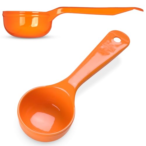 Image of Carlisle FoodService Products 7.10 inch 2.5 Ounce Solid Portion Control Spoon - Flat Bottom - Short Handle, Orange, (Pack of 12)