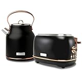 Haden Heritage 1.7 Liter Stainless Steel Electric Water Kettle Bundled with 2 Slice Wide Slot Stainless Steel Toaster, Black & Copper