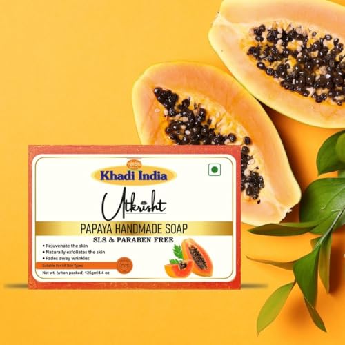 Image of Khadi Papaya Handmade Bathing Soap Bar 125g | Natural & Herbal | Enriched with Vitamin A, C & E | For Glowing & Brightening Skin | Help Control Acne & Reduces Pigmentation | All Skin Types