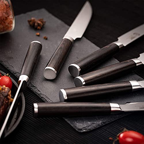 Foto von YARENH Steakmesser Set 6 Teilig, Steak Messer aus Deutschem Edelstahl Geschmiedet,Ultrascharfe Gezackte Klinge und Ergonomischer Holzgriff, Tafelmesser mit Geschenkbox, Steakbesteck Set HXZ-Serie