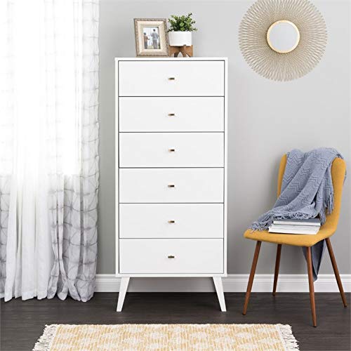 Prepac Milo Mid-Century 6 Drawer Double Dresser For Bedroom, 16" D X 52.50" W X 33" H, White & Milo Mid-Century Modern Tall 6-Drawer Chest - White #TOP6