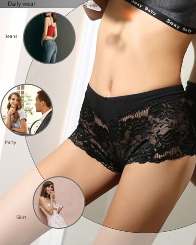 Image of Sexy Underwear For Women, Plus Size Lace Boyshorts Panties Soft Boxers Panty With Cotton Crotch, 6 Pack