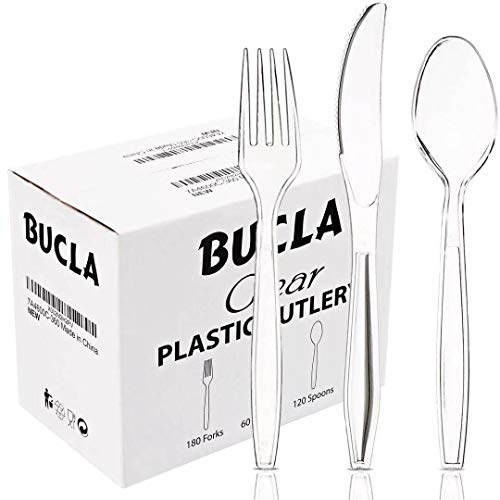 BUCLA 360 Pieces Clear Plastic Silverware -Disposable Plastic Cutlery- Clear Heavyweight Disposable Plastic Utensils Include 180 Plastic Forks, 120 Plastic Spoons, 60 Plastic Knives