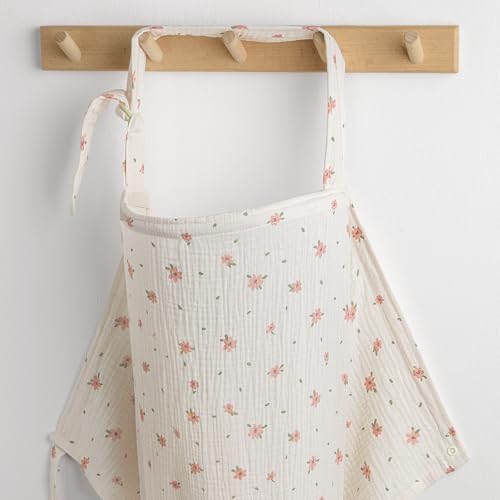 Image of Blissful Diary Muslin Nursing Cover for Breastfeeding, Breathable Breastfeeding Cover up with Arch Neckline for Women, Nursing Apron (Pink Floral)