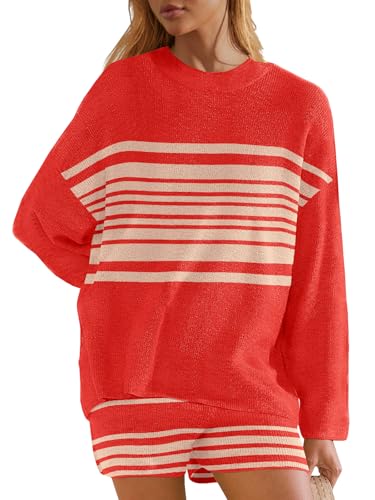 Image of Panadila Womens Striped Sweater Set Oversized Lounge Sets Matching Pajamas Long Sleeve Sweater Top and Shorts