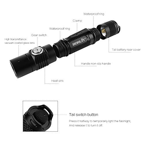 BORUIT Outdoor 1380 Lumens Waterproof IPX8 Tactical Flashlight, XP-L2 5 Modes USB Rechargeable LED Torches with Lanyard for Camping, Hunting, Hiking, Fishing,3 Year Warranty
