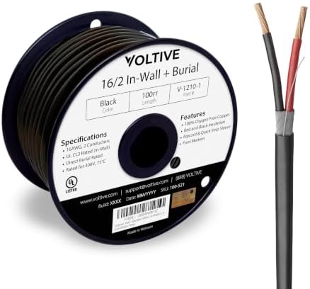 Voltive 16/2 Speaker Wire, in-Wall CL3 & Direct Burial, Black, 100ft - 16AWG, 2 Conductors, Stranded Oxygen-Free Copper, UL Listed - V-1210-1