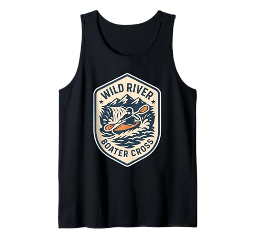 Distintivo scudo con kayaker e cascata. Un emblema a croce pulito per canoisti e appassionati di corse. Bella grafica per gli appassionati di fiumi veloci, cancelli stretti e inizia tattica con il titolo: Wild River Boater Cross Whitewater Badge.