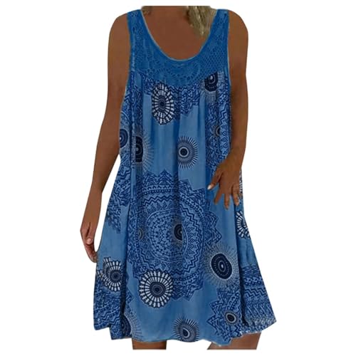 Bastwahl Robe Bretelle Femme, Robe de Plage Femme Été Grande Taille Rétro Col Rond Robes au Genou sans Manches Imprimé Floral Casual Tuniques Bleu 5XL