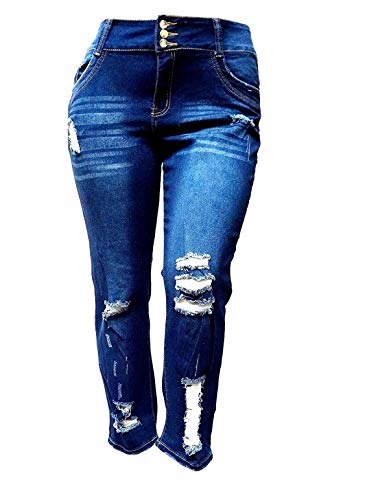 L,Square Womens Plus Size Stretch Distressed Ripped Blue Skinny Denim Jeans Pants (24, L,Square Dark Blue Ls-78404ms-7)