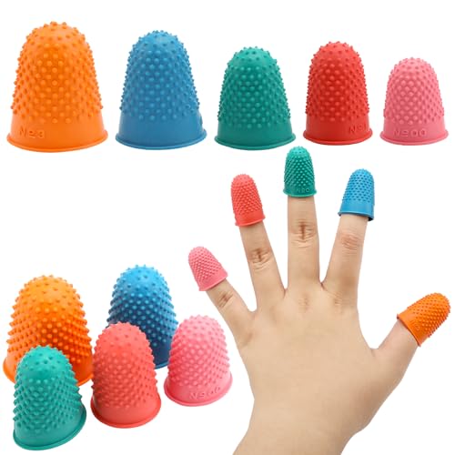 Finger Protectors 10 Pcs 5 Sizes, Silicone Rubber Thimbles for Hand Sewing with Non-Slip Pads, Finger Tips Covers for Money Counting, Paperwork Sorting, Collating, Hot Glue DIY, Embroidery (5 Colors)