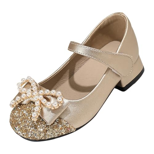 IWIHMIV Girls Dress Mary Jane Shoes Flower Girls Wedding Party Low Chunky Heels Leather Shoes with Bow for Toddler