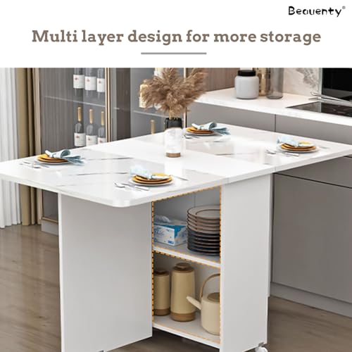 طاولة طعام عصرية قابلة للطي، طاولة طعام أرضية قابلة للتمديد مع عجلات، أرجل معدنية، طاولة مطبخ مربعة مع رف، موفرة للمساحة للمطبخ وغرفة المعيشة من بيونتي