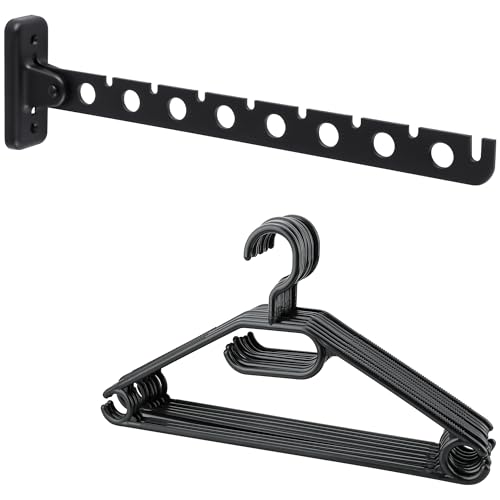 SAYAYO Étendoir Linge Mural avec 8 Cintres, Rotation 180° Séchoir à Linge Pliable, Cintre Mural Support de Séchage, Portant à Vetement pour Balcon Buanderie, Noir