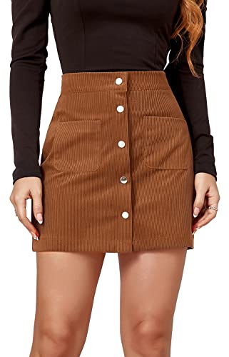 FEOYA Women's Bodycon Mini Skirt Short Corduroy Skirts Skinny High Waisted Skirt Slim Fit Button Up Hip Skirt with Two Pockets Autumn Fall Winter Warm Solid Color Plain Cotton Stretch Brown M
