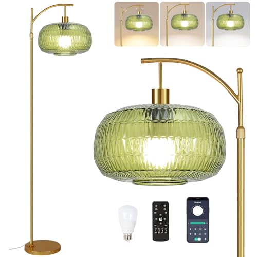 Image of QIYIZM Green Floor Lamp for Living Room,Bedroom,Gold Dimmable Standing Lamp with Remote,Mid Century Modern Brass Tall Lamp Boho Floor Lamps Arc Stained Glass Floor Light Lamp Girls Bohemian