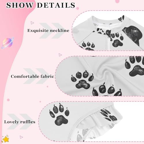 Girls One Piece Swimsuits Long Sleeve Swimsuit Zipper Bathing Suits Bear Footprint Black3