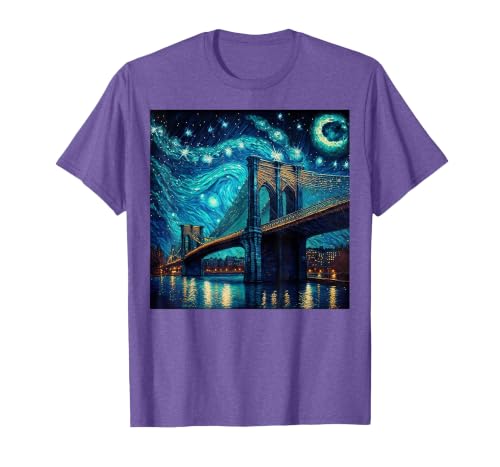 Brooklyn Bridge New York Starry Night T-Shirt, Men, Purple Heather, Large