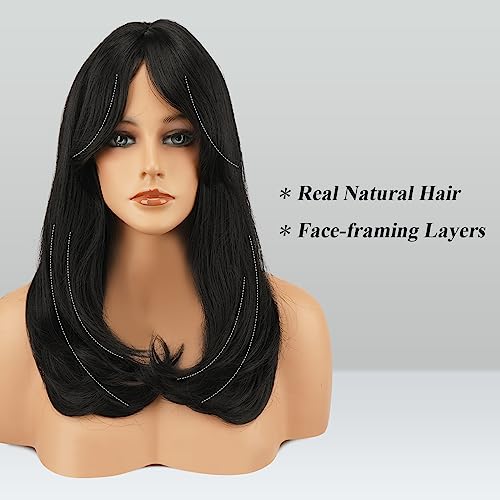 Image of FESHFEN Wigs with Bangs for Women, Natural Black Synthetic Long Layered Straight Hair Wig for Daily Party Use, 18 inch