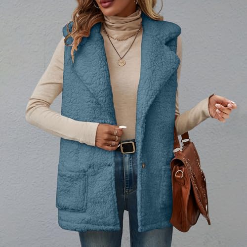 Womens Fleece Vest Sleeveless Winter Warm Jackets Button Down Lapel Collar Vest Solid Color Outwear with Pockets4