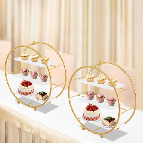 2 Pcs 16.9 Inch Round Gold Tiered Cupcake Stand, 3 Tier Cupcake Holder Stand, Dessert Stand for Party Wedding Birthday Anniverary